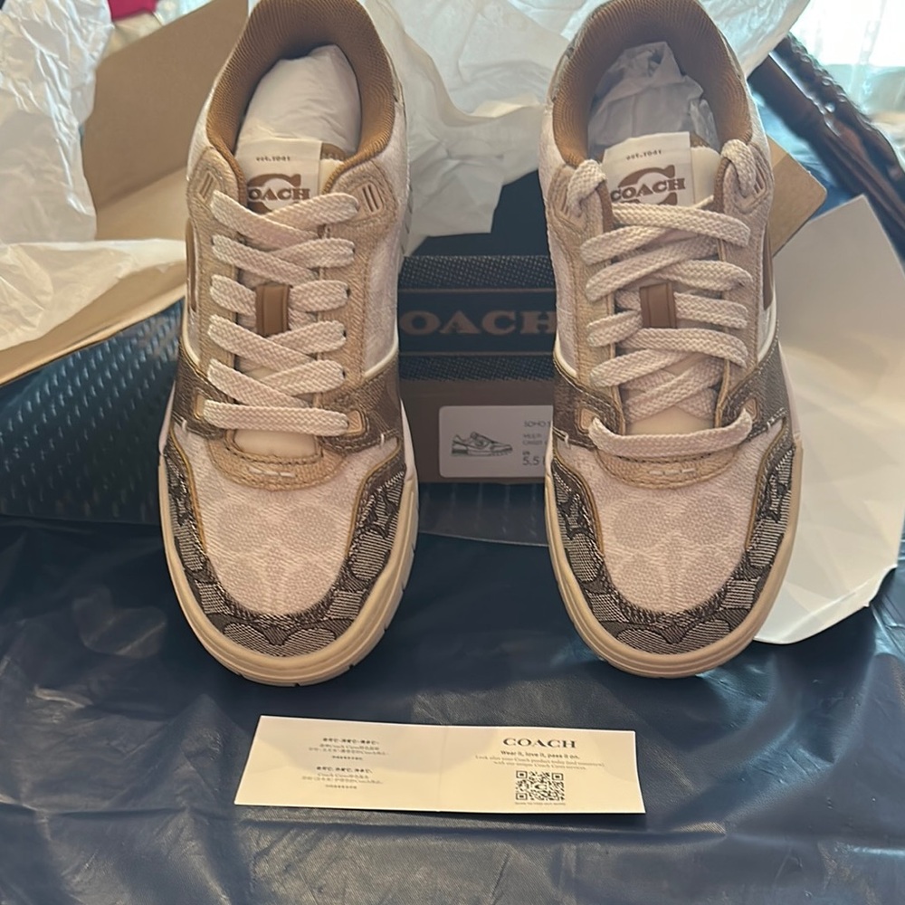 Coach White and Brown Sneakers with Suede and Mesh Design